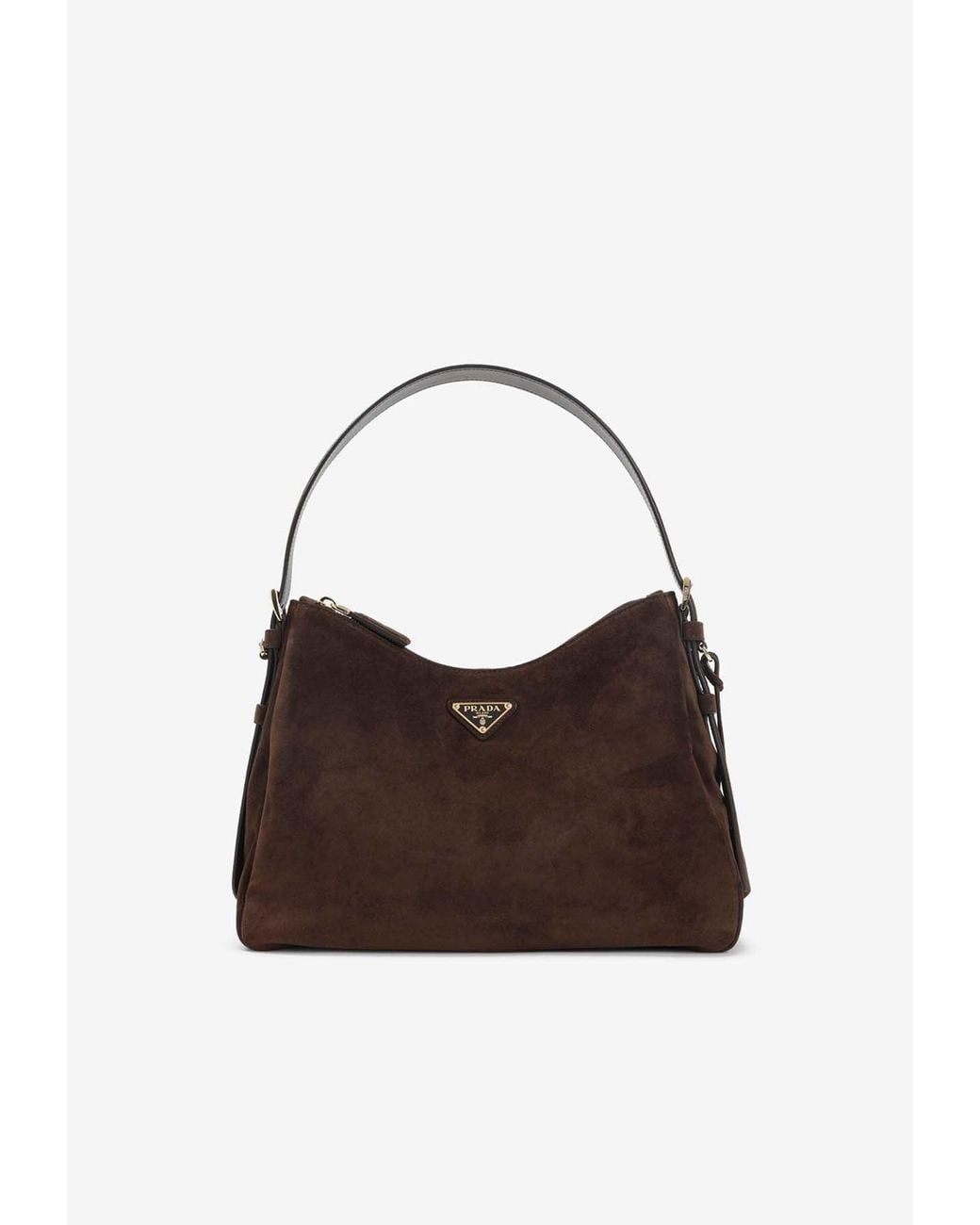 Prada Brown Triangle Logo Suede Shoulder Bag