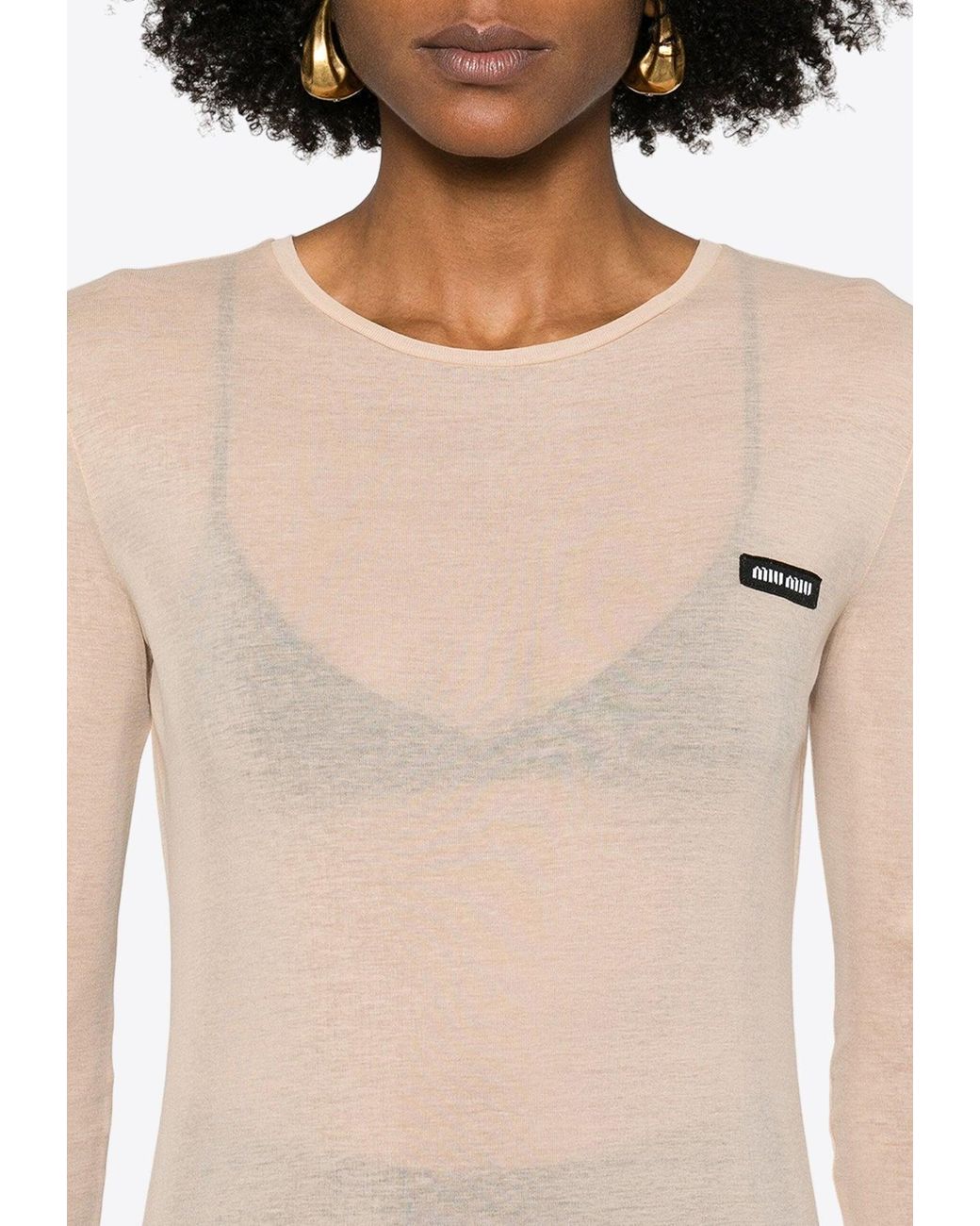 Miu Miu Logo Patch Semi-Sheer Mini Dress in Natural | Lyst