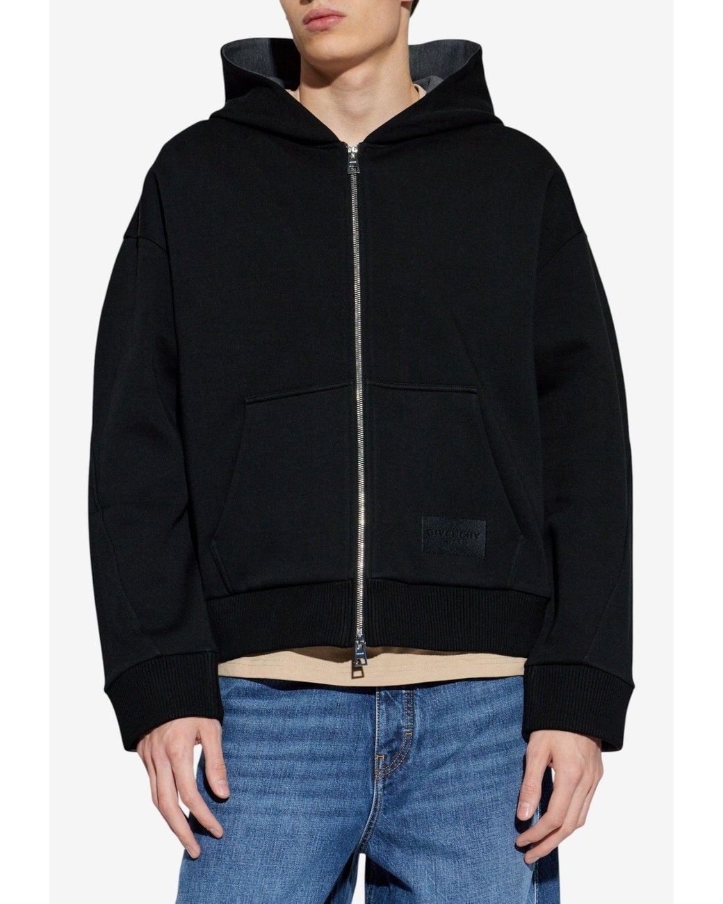 Givenchy Black Logo Patch Zip-Up Hooded Sweatshirt for men