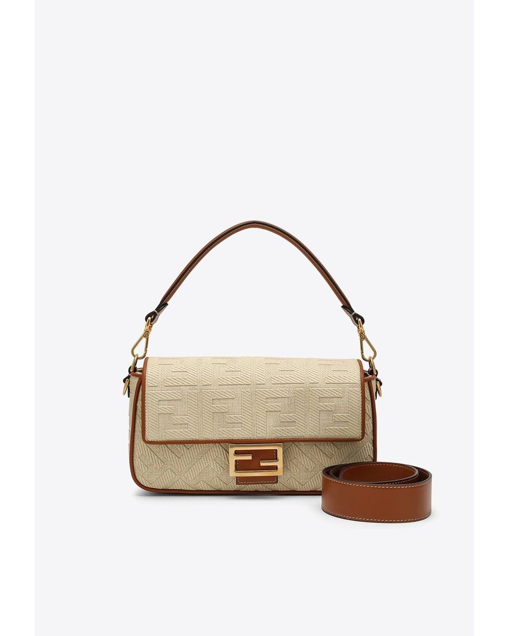 FENDI: Baguette bag in raffia with embroidered FF monogram - Beige