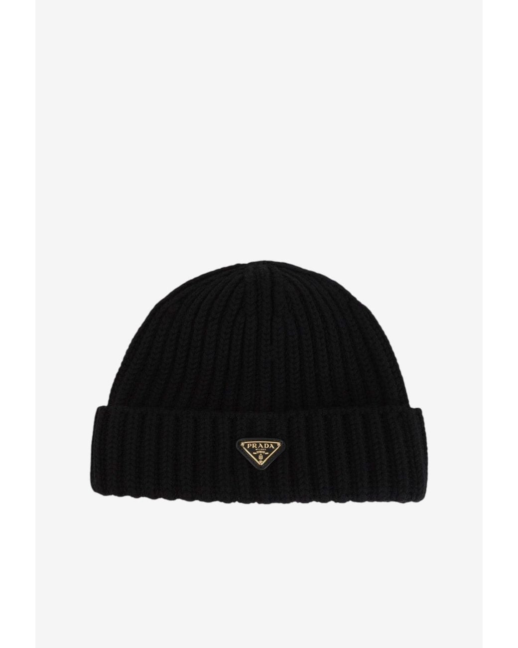 Prada Black Triangle Logo Wool Beanie for men