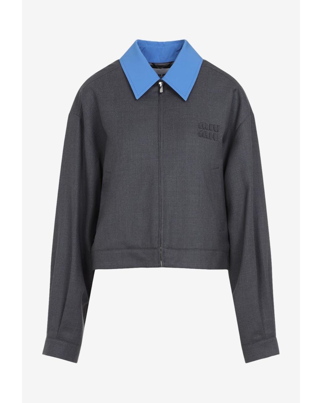 Miu Miu Logo Zip-Up Jacket in Blue | Lyst Miu Miu Logo Zip-Up Jacket in Blue | Lyst