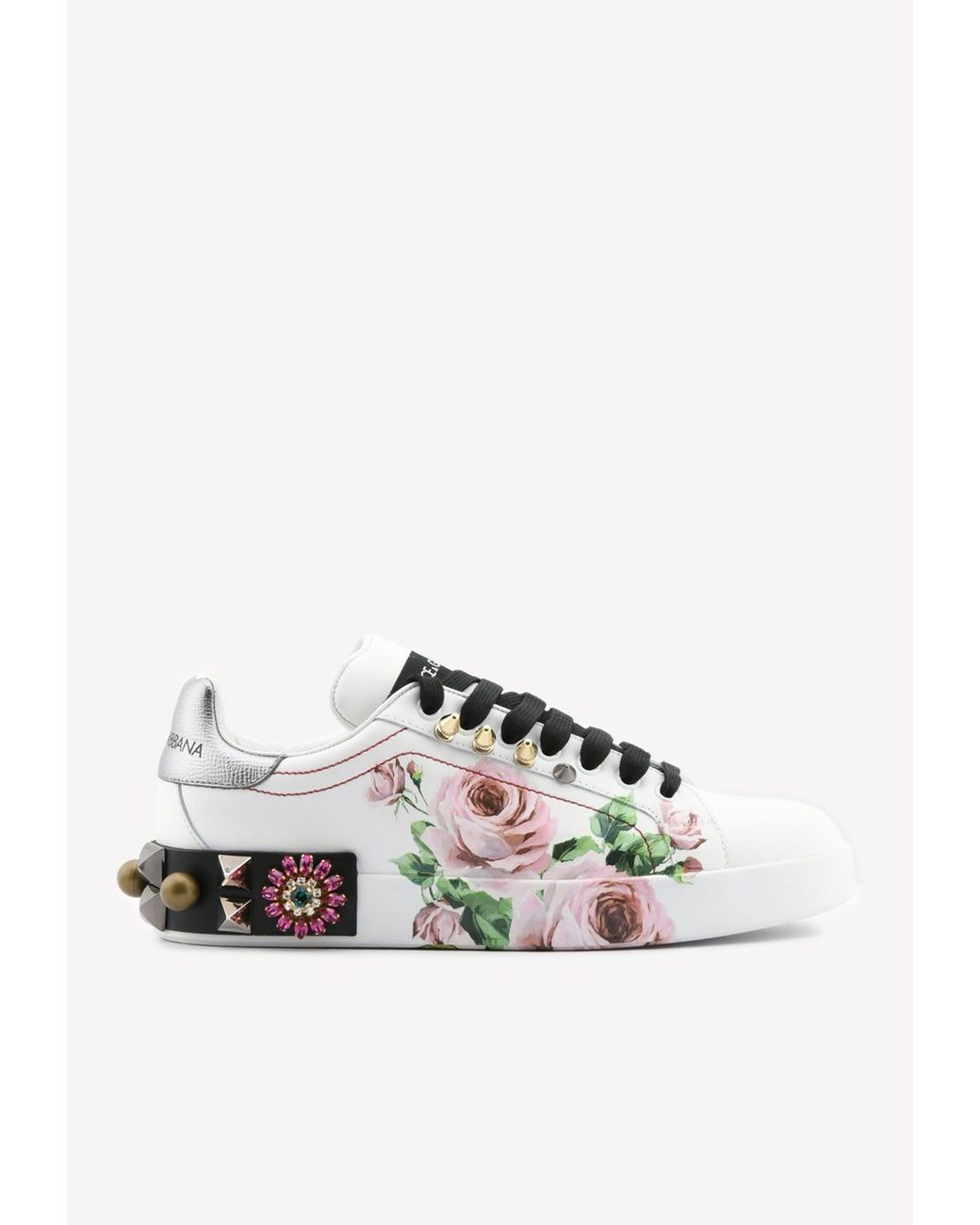 Dolce & Gabbana Portofino Rose Print Embellished Sneakers in White | Lyst
