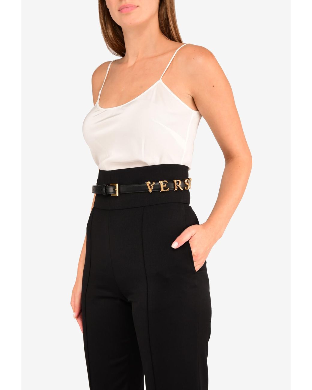 Versace Logo Letter Thin Leather Belt in Black | Lyst display picture 2