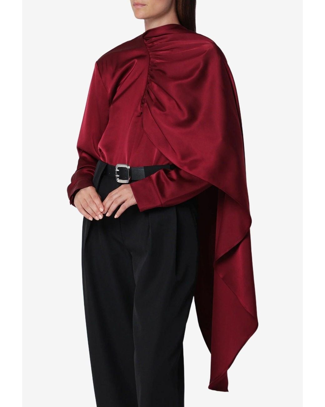 Source Unknown Red Koa Draped Satin Cape-Effect Blouse