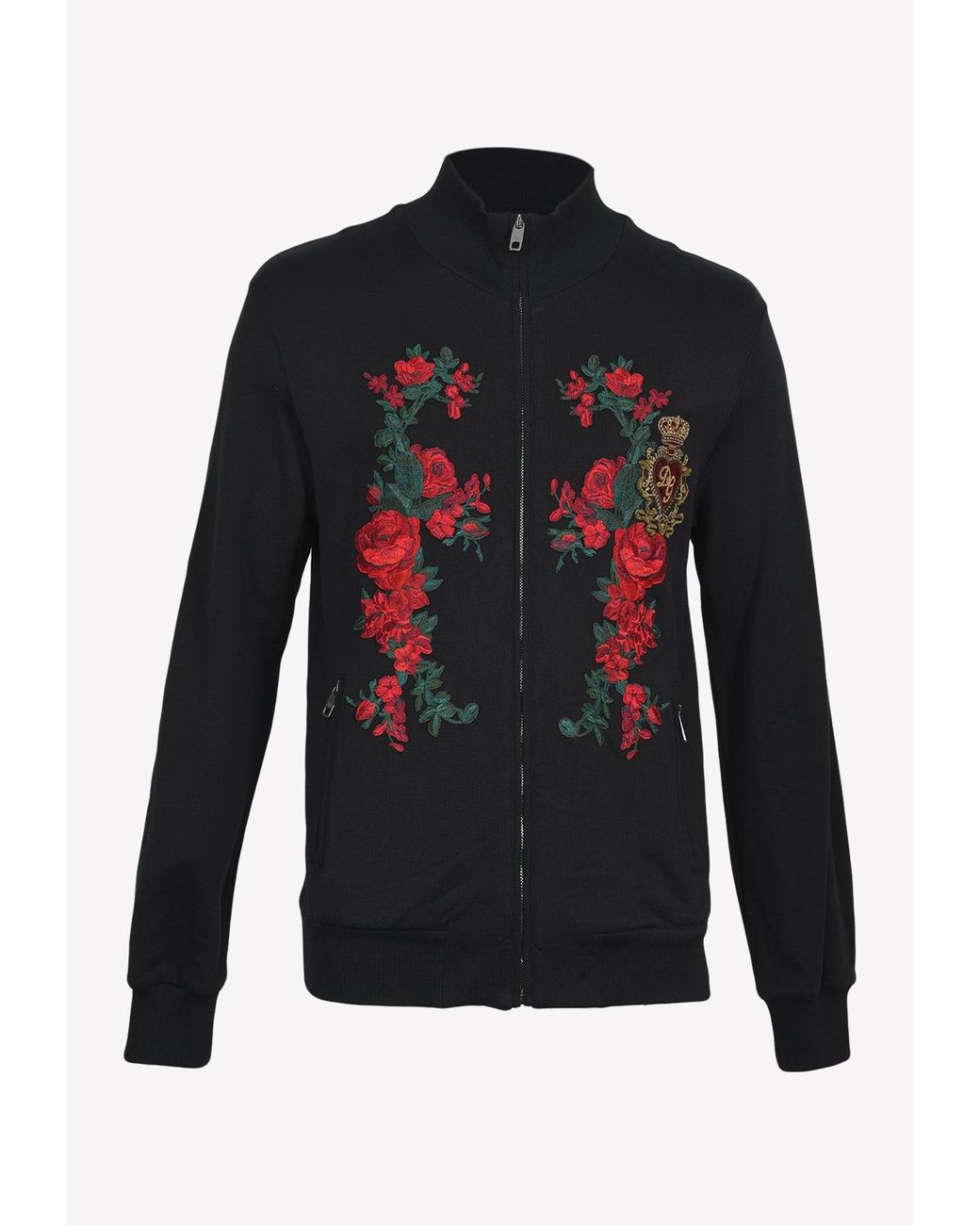 Dolce & Gabbana Cotton Embroidered Roses Zipup Jacket in Black for Men