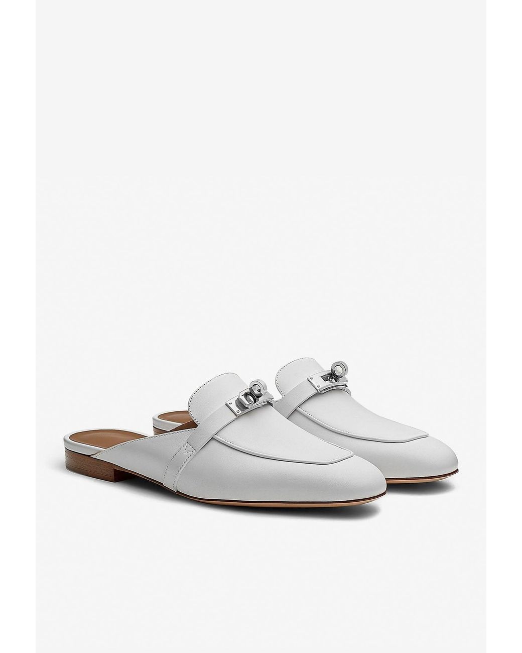 Hermès Oz Leather Flat Mules With Kelly Buckle in White | Lyst