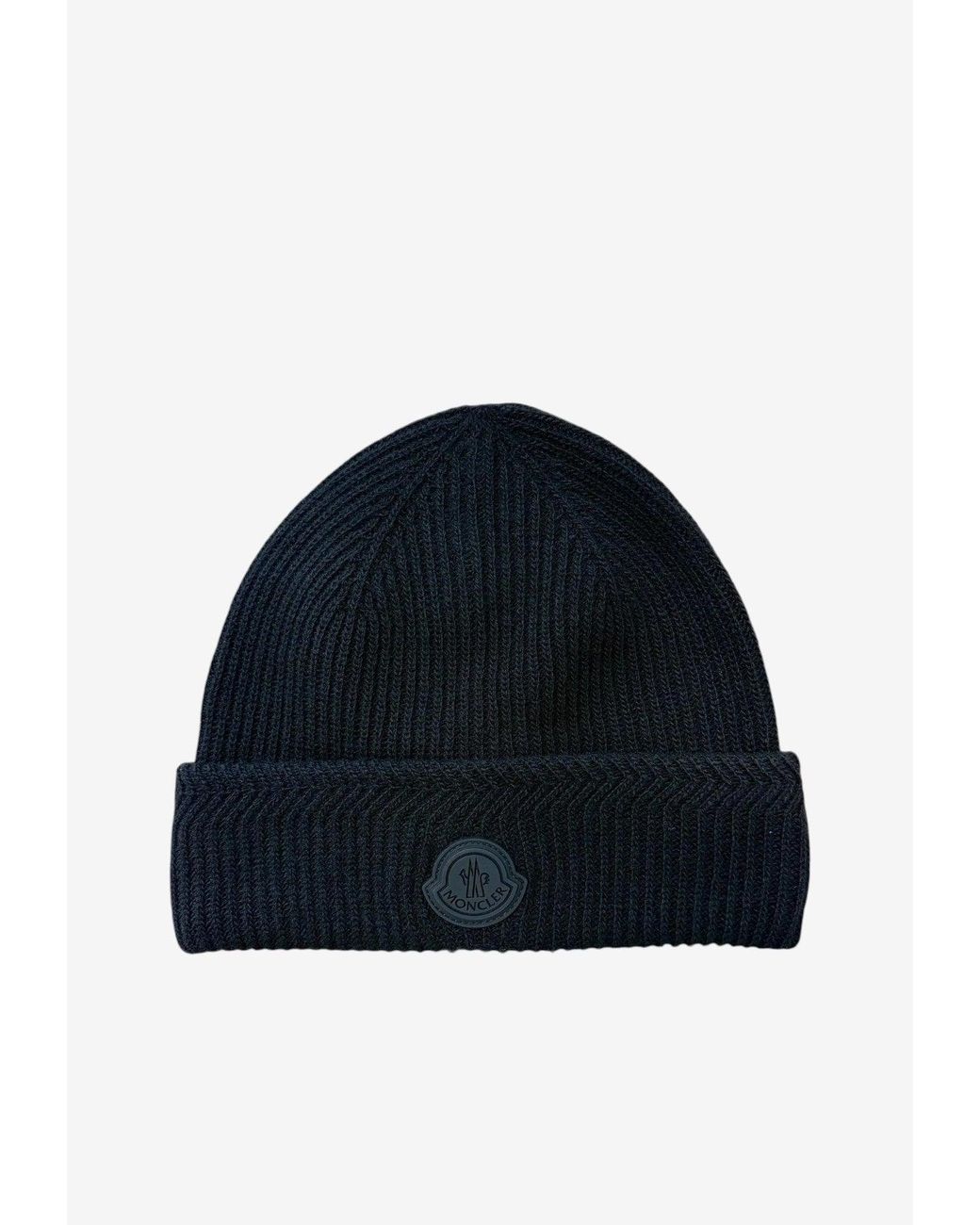 Moncler Blue Logo Patch Ribbed Wool Beanie for men