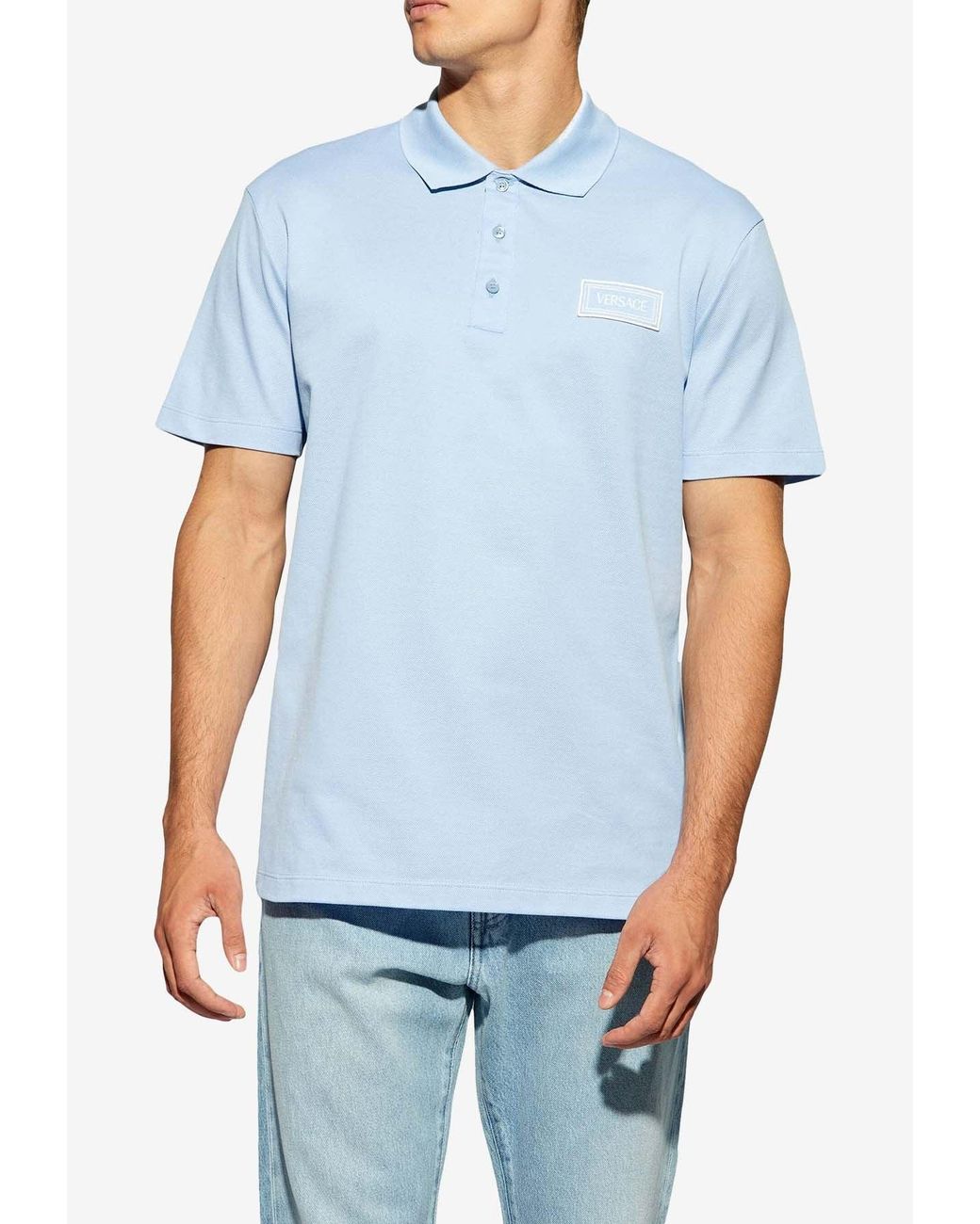 Versace Blue Logo-Patch Polo T-Shirt for men