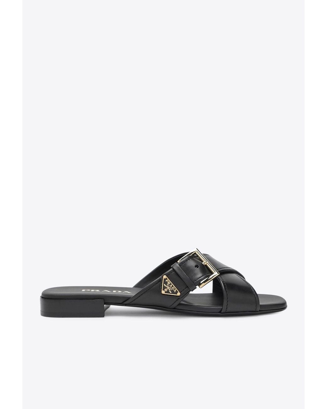 Prada White Triangle Logo Leather Flat Sandals