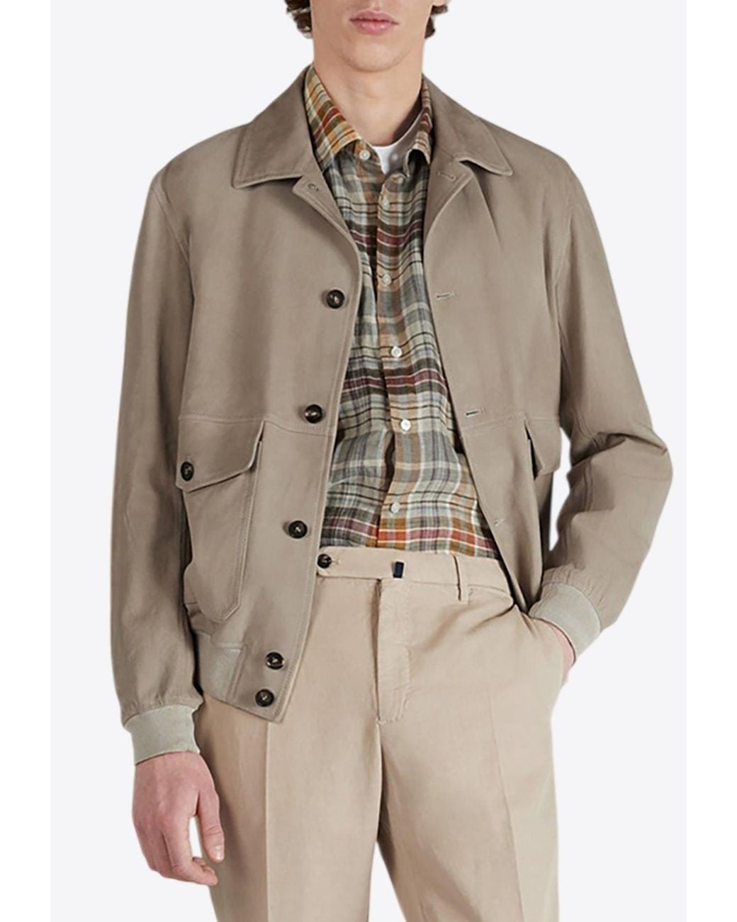 Slowear Natural Suede Button-Up Bomber Jacket for men
