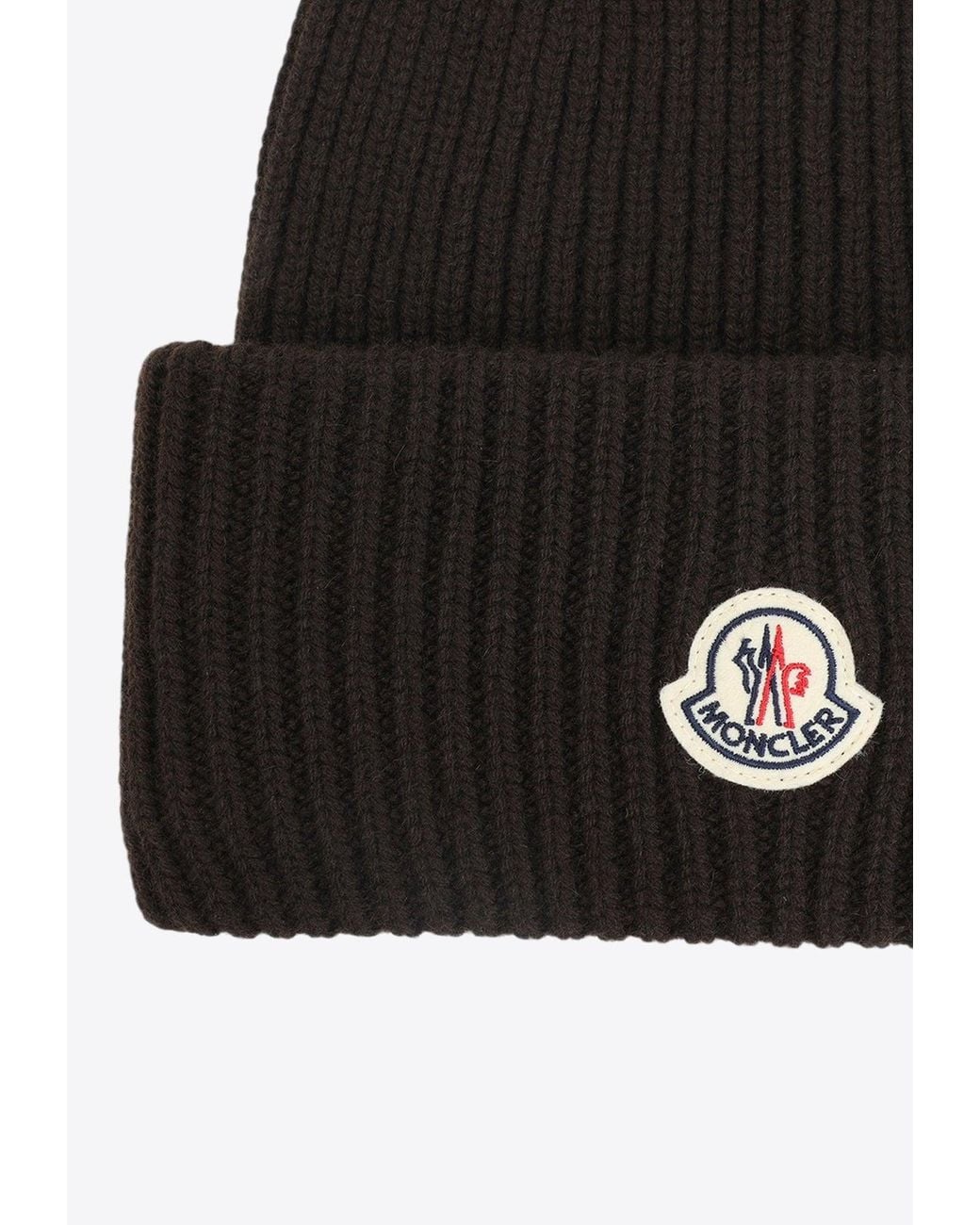 Moncler Black Logo-Patch Virgin Wool Beanie for men