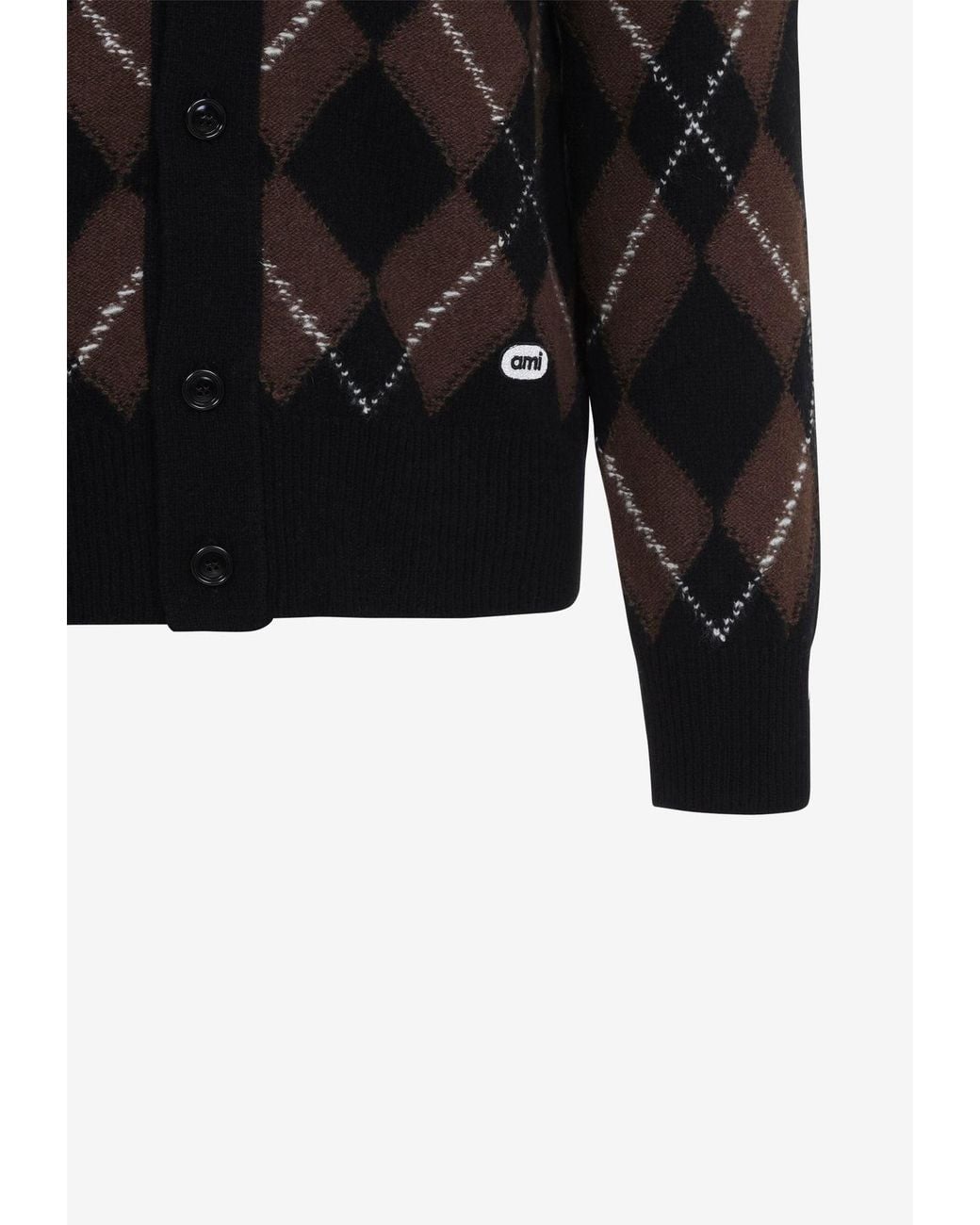 AMI Black Argyle Knitted Wool Cardigan for men