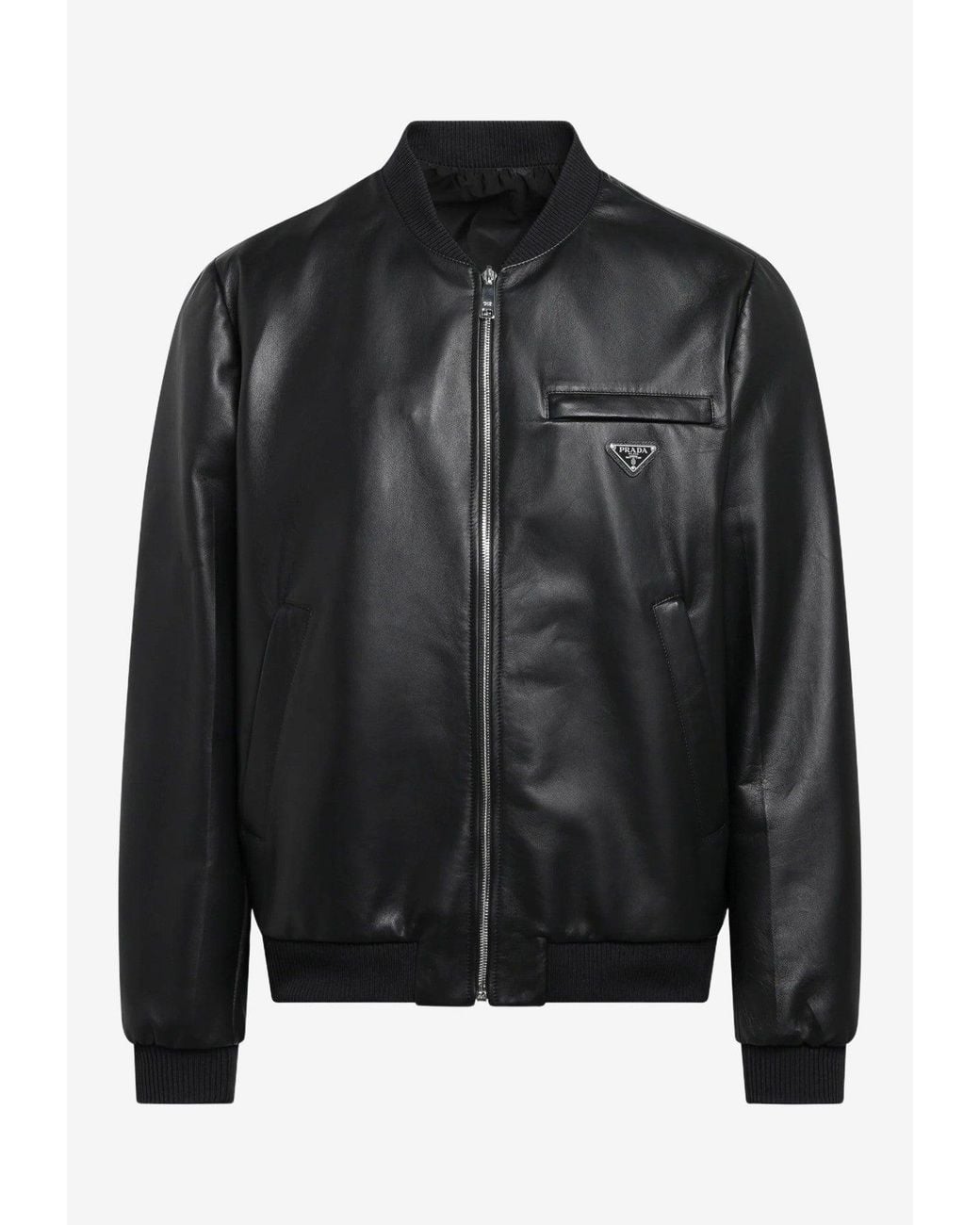Prada Black Triangle Logo Zip-Up Leather Bomber Jacket for men