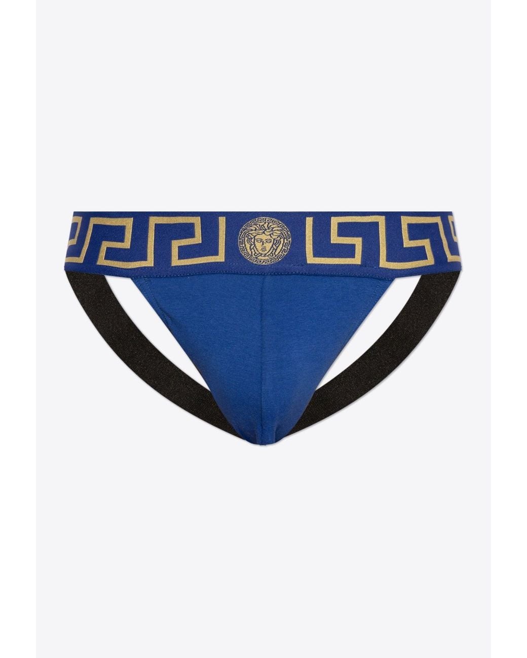 Versace Blue Greca Border Jockstrap With Medusa Head for men