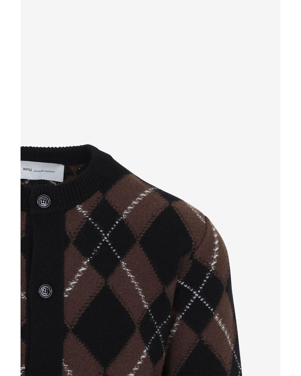 AMI Black Argyle Knitted Wool Cardigan for men