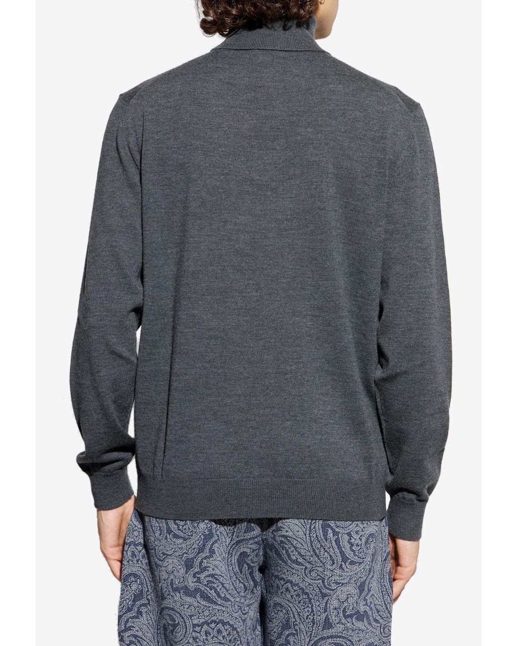 Etro Gray Embroidered Logo Wool Turtleneck for men
