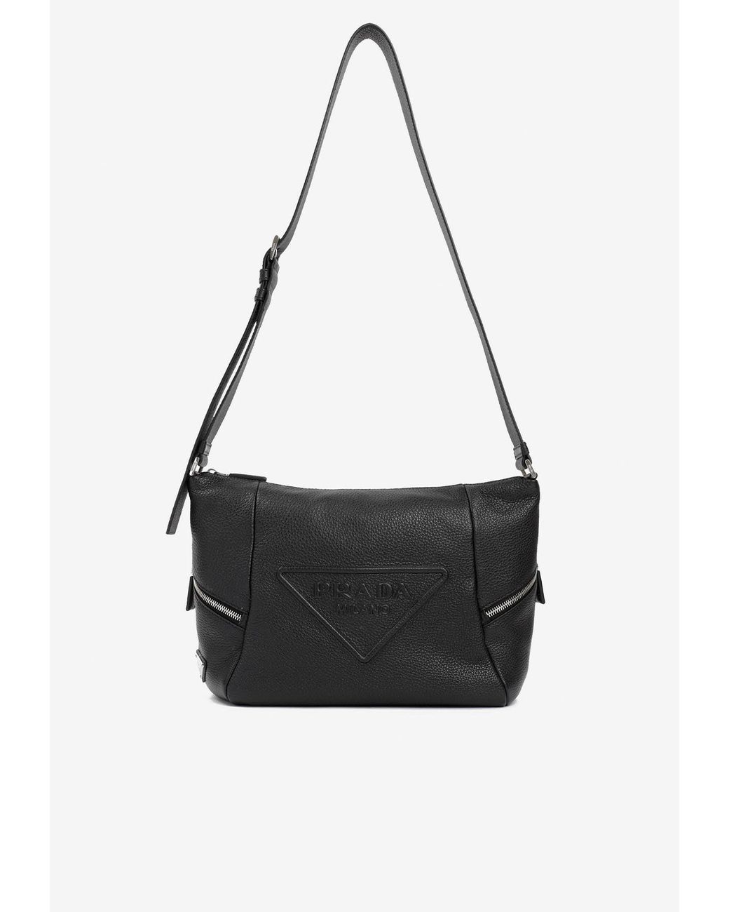 Prada Triangle Logo Leather Shoulder Bag in Black for Men Lyst