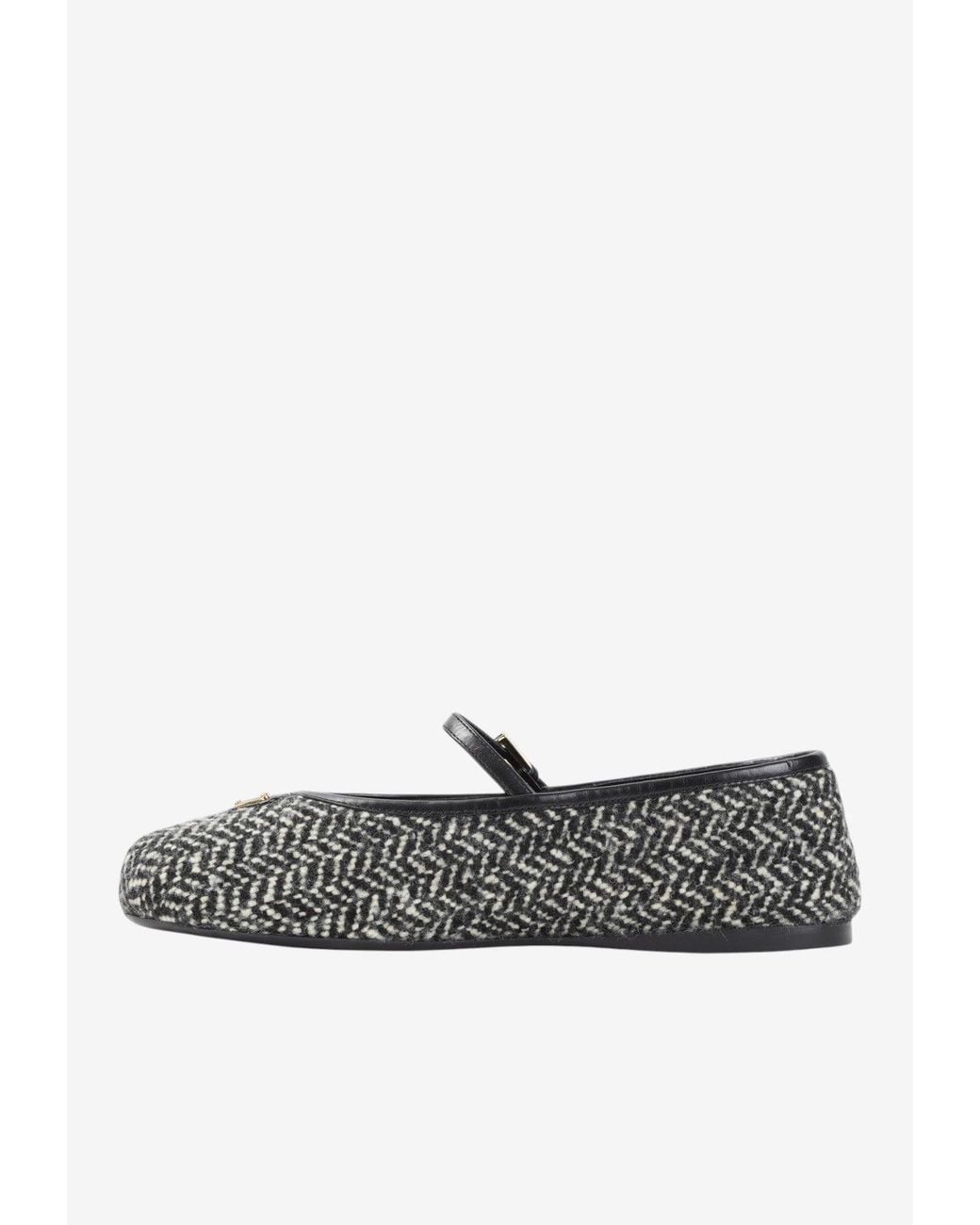 Prada White Triangle Logo Textured Wool Ballet Flats