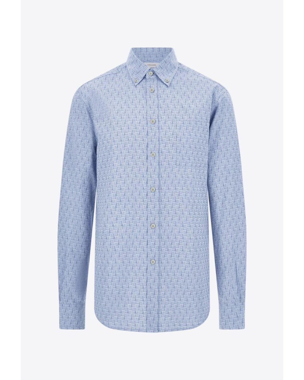 Ferragamo Blue Logo Monogram Button-Up Shirt for men