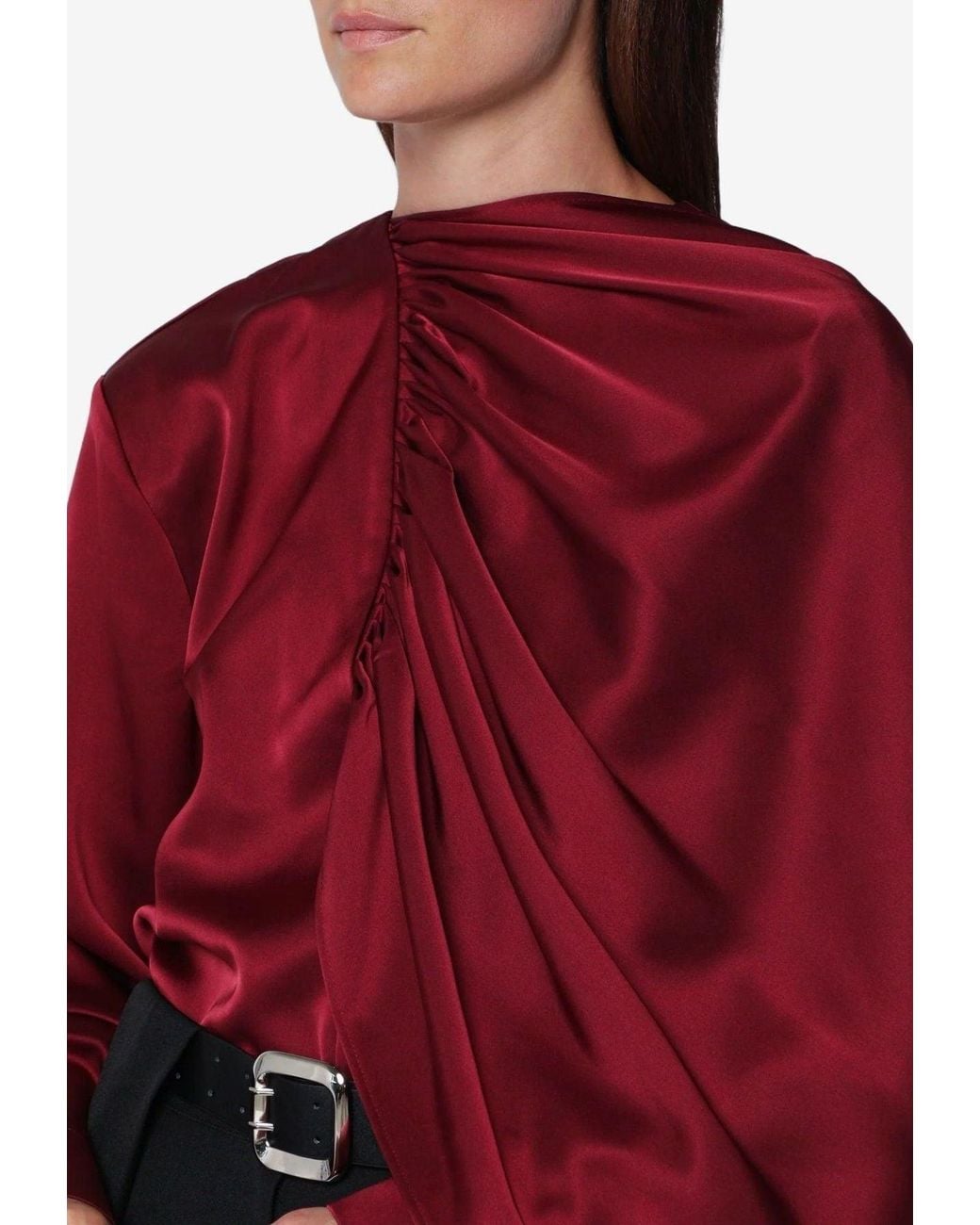 Source Unknown Red Koa Draped Satin Cape-Effect Blouse