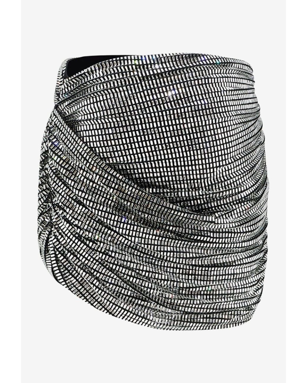 Self-Portrait All-Over Rhinestones Draped Mini Skirt in Gray | Lyst