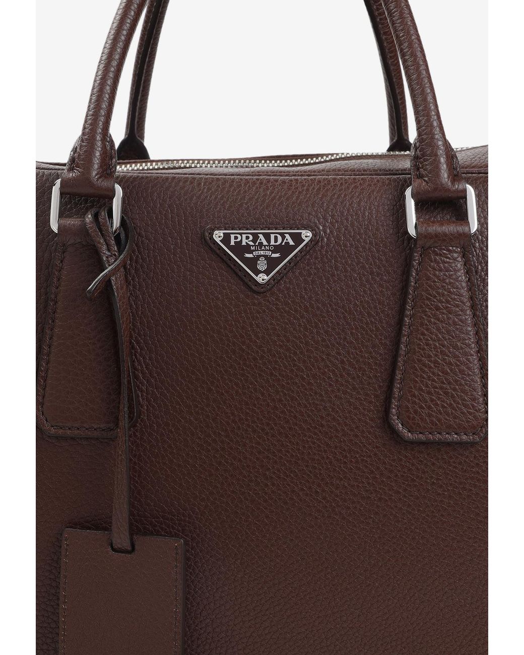 Prada Brown Triangle Logo Leather Briefcase for men