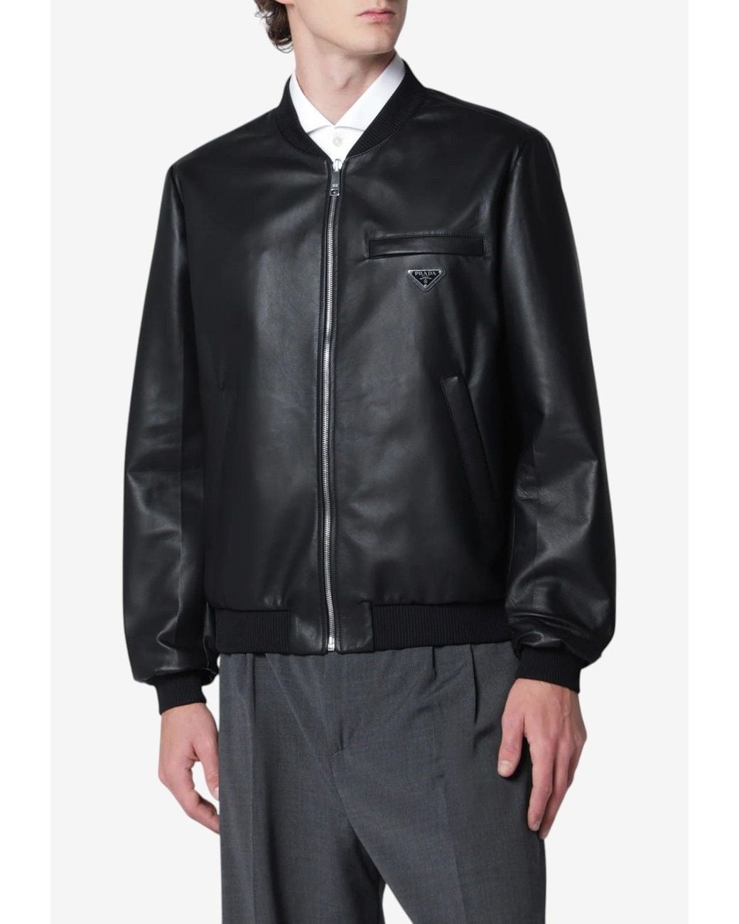 Prada Black Triangle Logo Zip-Up Leather Bomber Jacket for men