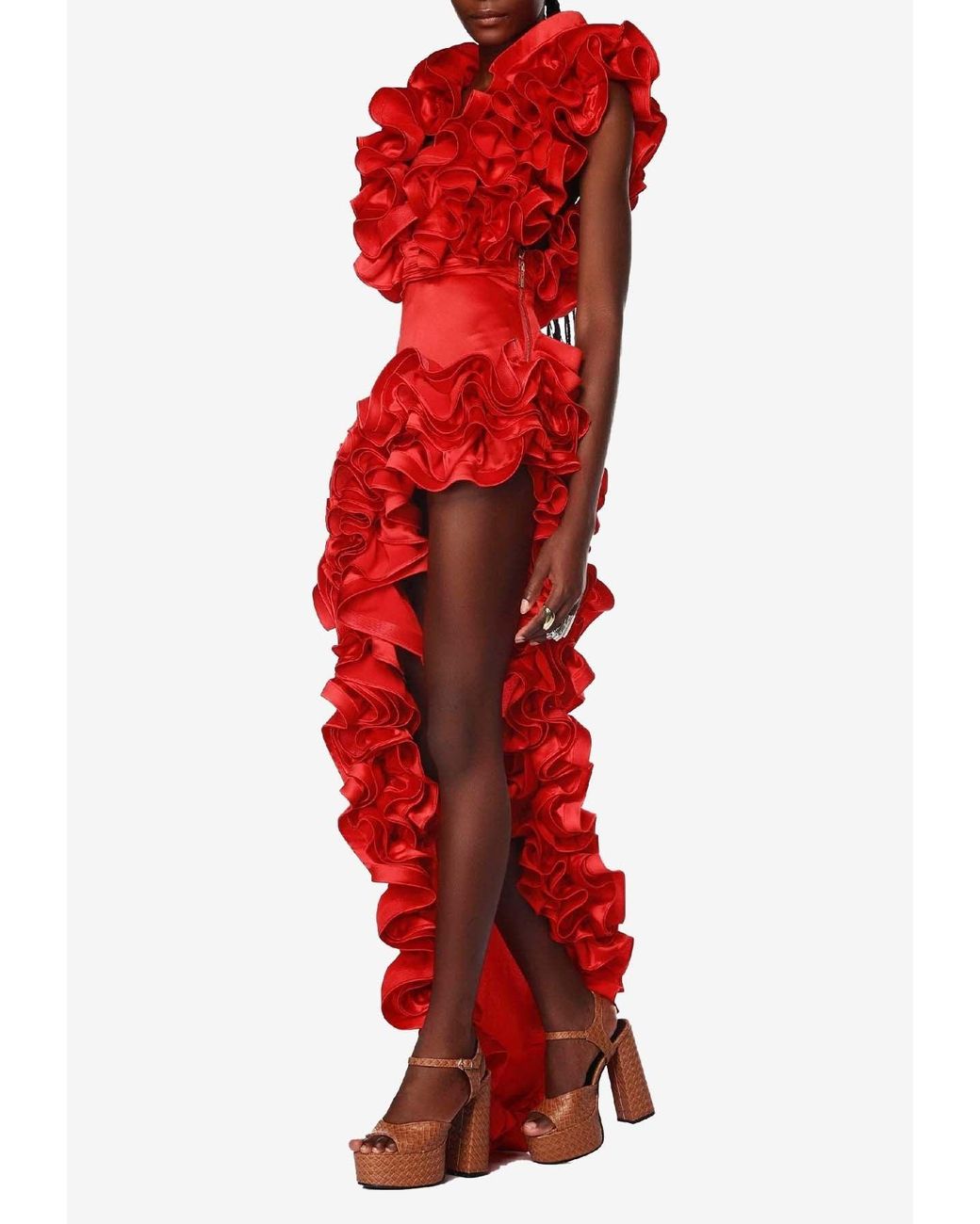 Bronx and Banco Aurora Asymmetric Ruffled Gown in Red | Lyst