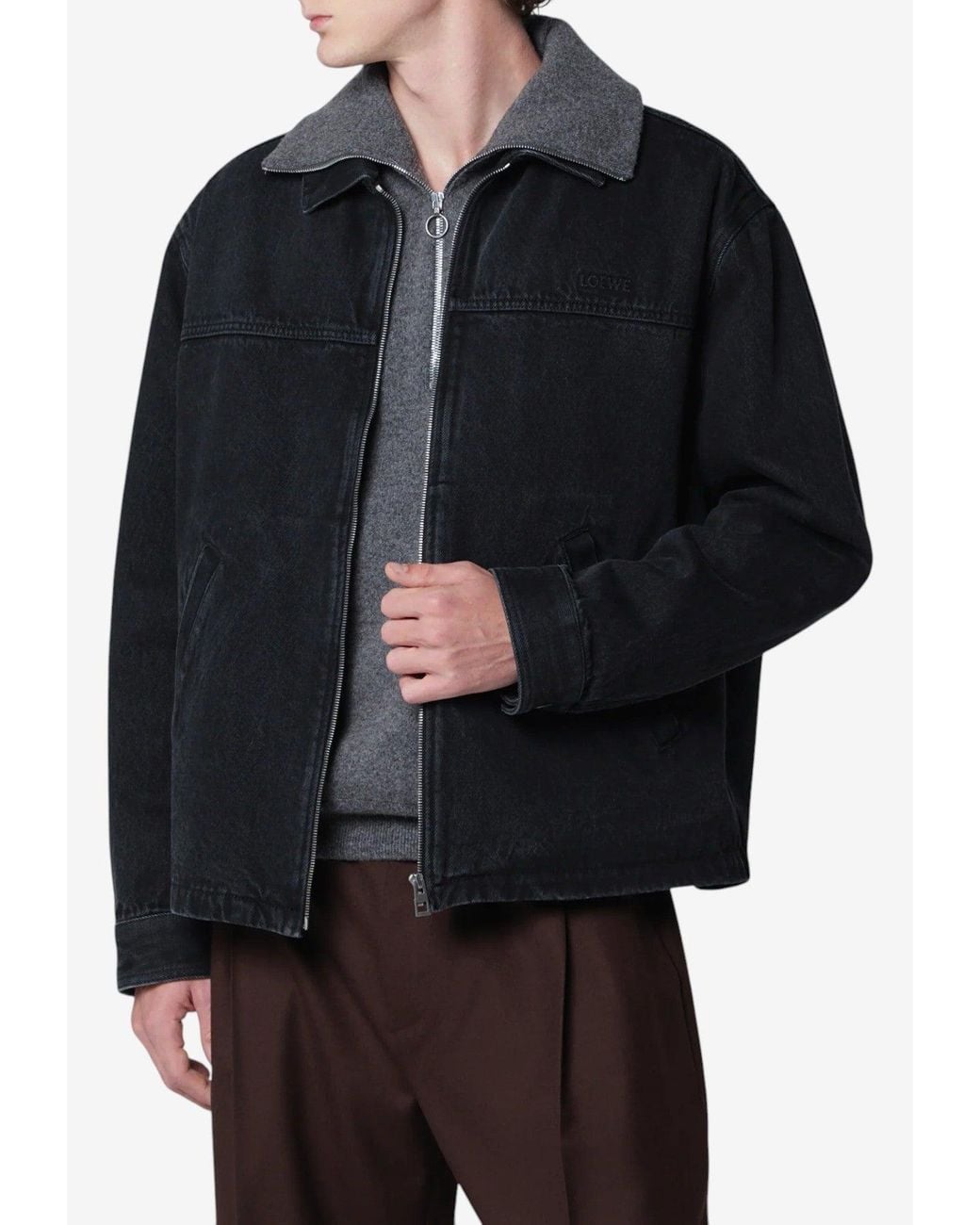 Loewe Black Logo Patch Zip-Up Washed Denim Jacket for men