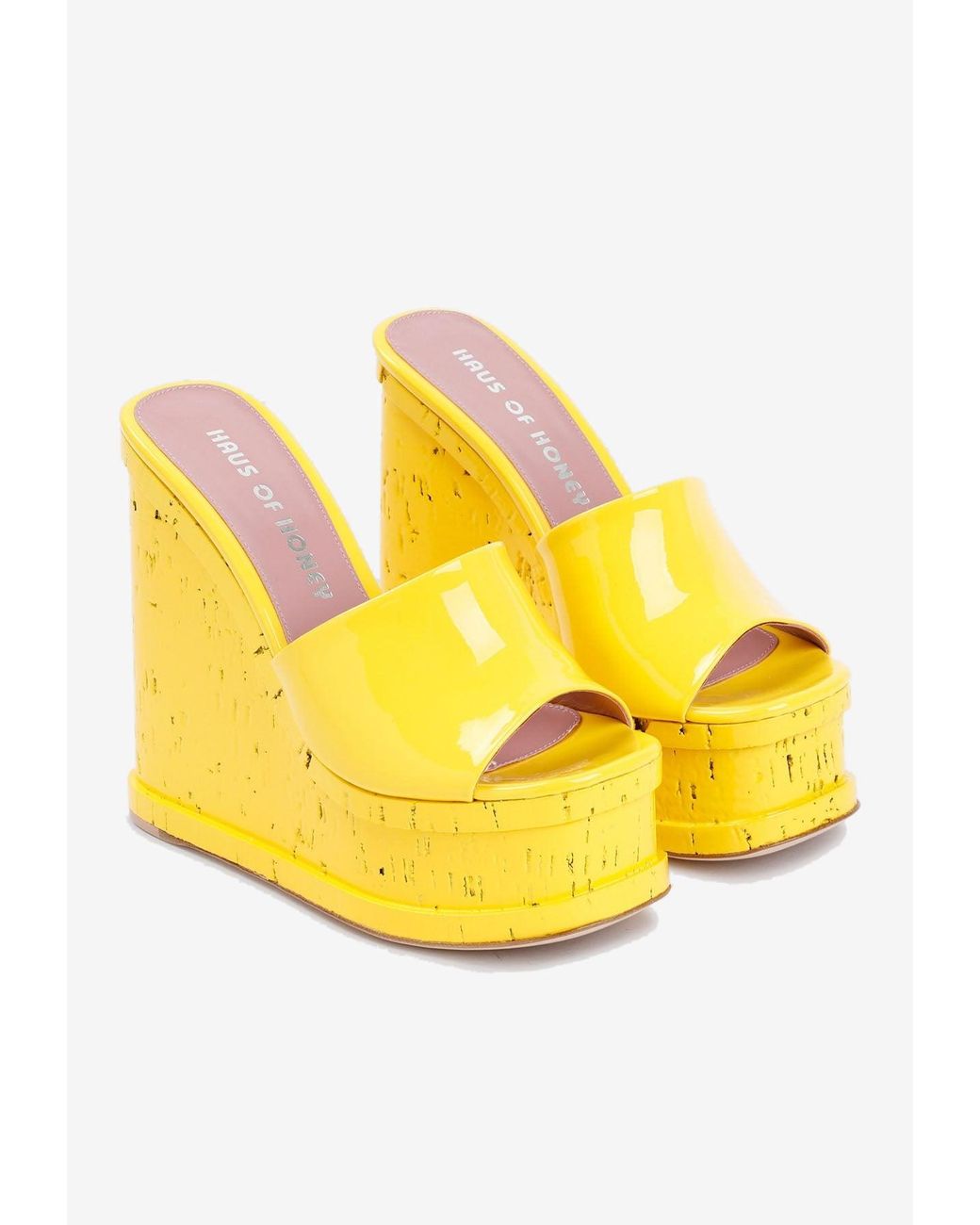 HAUS OF HONEY Yellow Leather Lacquer Doll Platform Mules Womens Shoes Heels Wedge sandals 