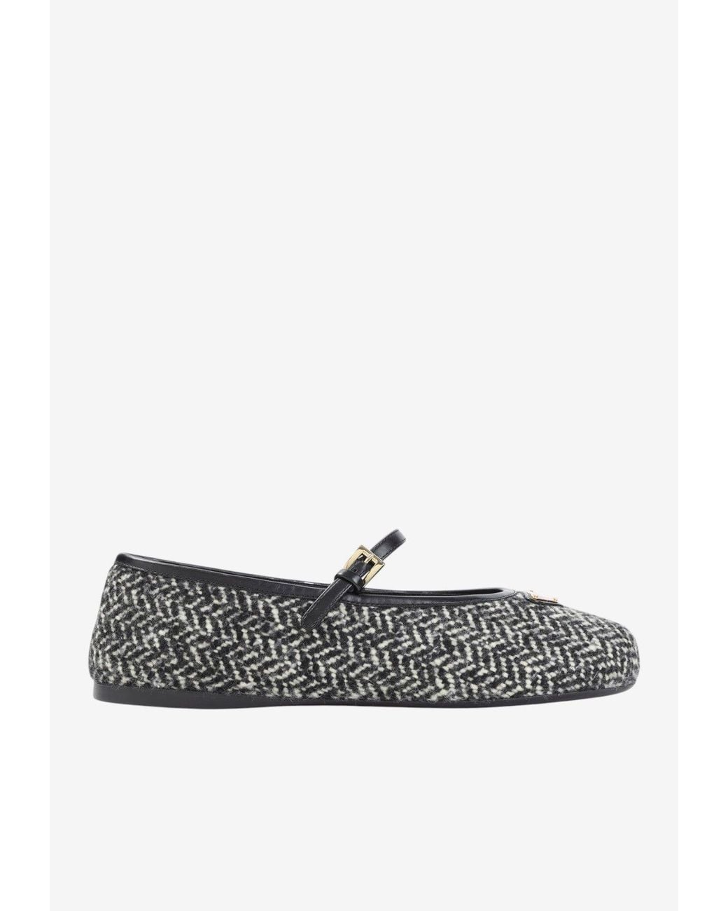 Prada White Triangle Logo Textured Wool Ballet Flats