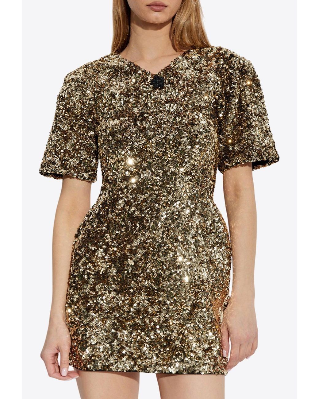 Marc Jacobs Sequined V-Neck Knit Mini Dress in Metallic | Lyst