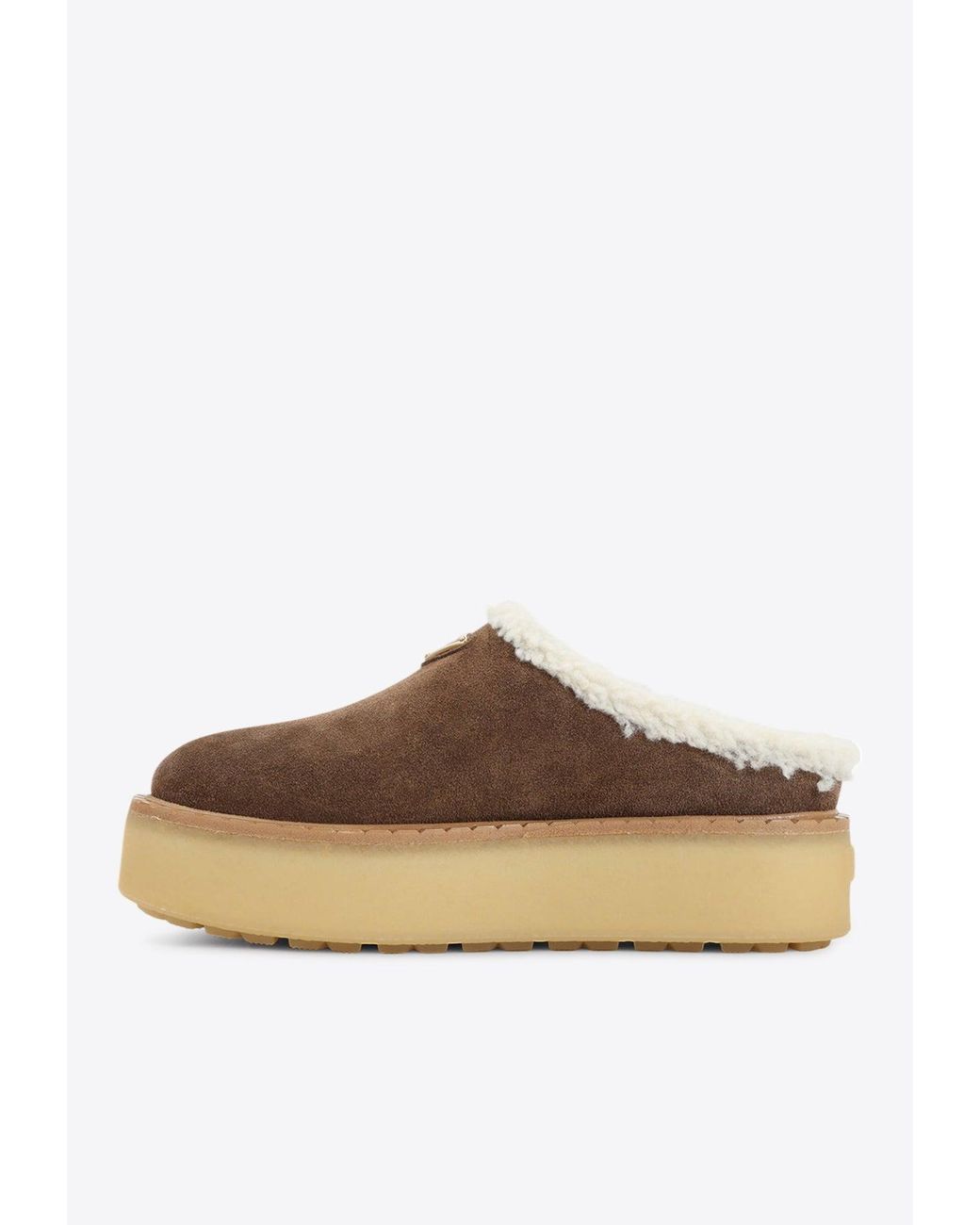 Prada Brown Triangle Logo Suede Flatform Mules