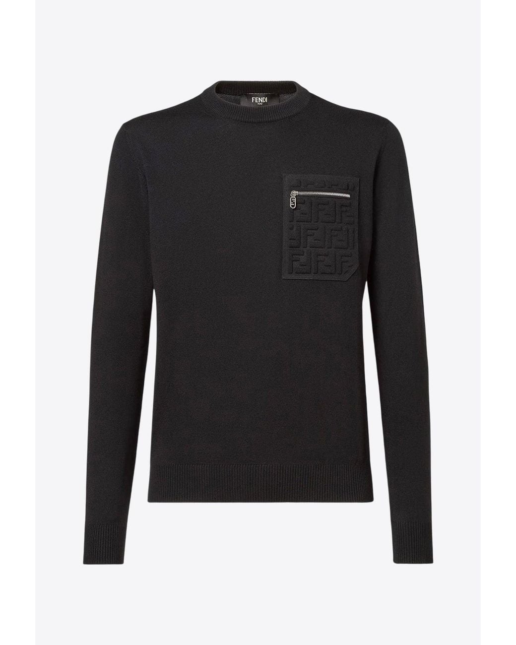 Fendi Black Embossed Ff Ribbed Wool Sweater for men