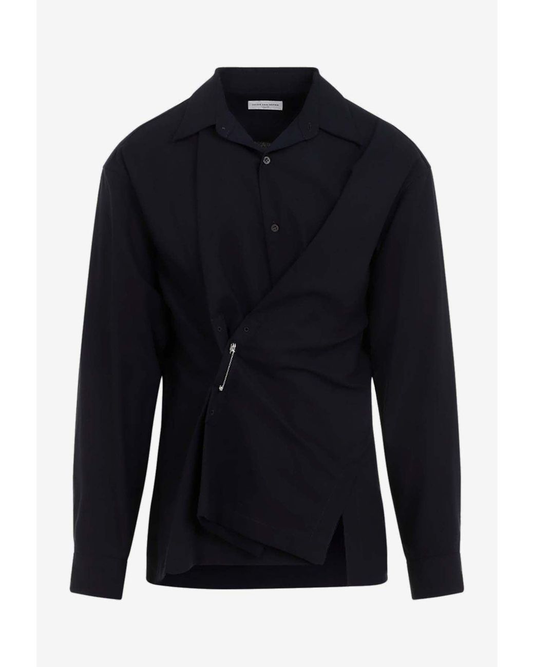 Dries Van Noten Draped Cotton Shirt with Safety Pin in Blue