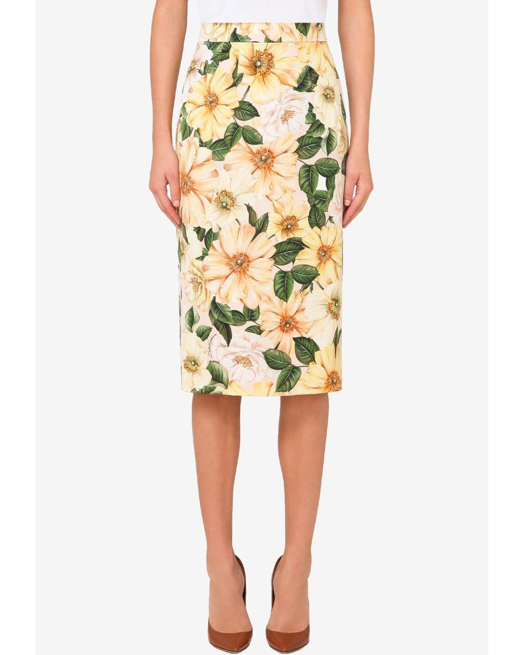 Dolce & Gabbana Camellia Print Silk Pencil Skirt It 42 in Yellow - Lyst