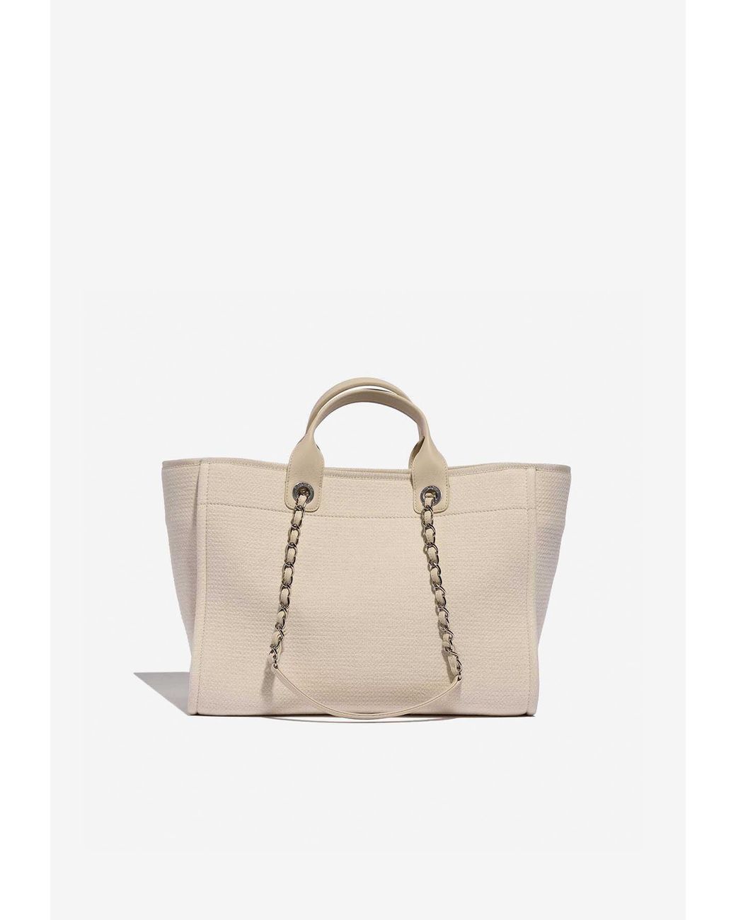 Chanel Medium Deauville Shopping Bag In Beige And White Canvas in