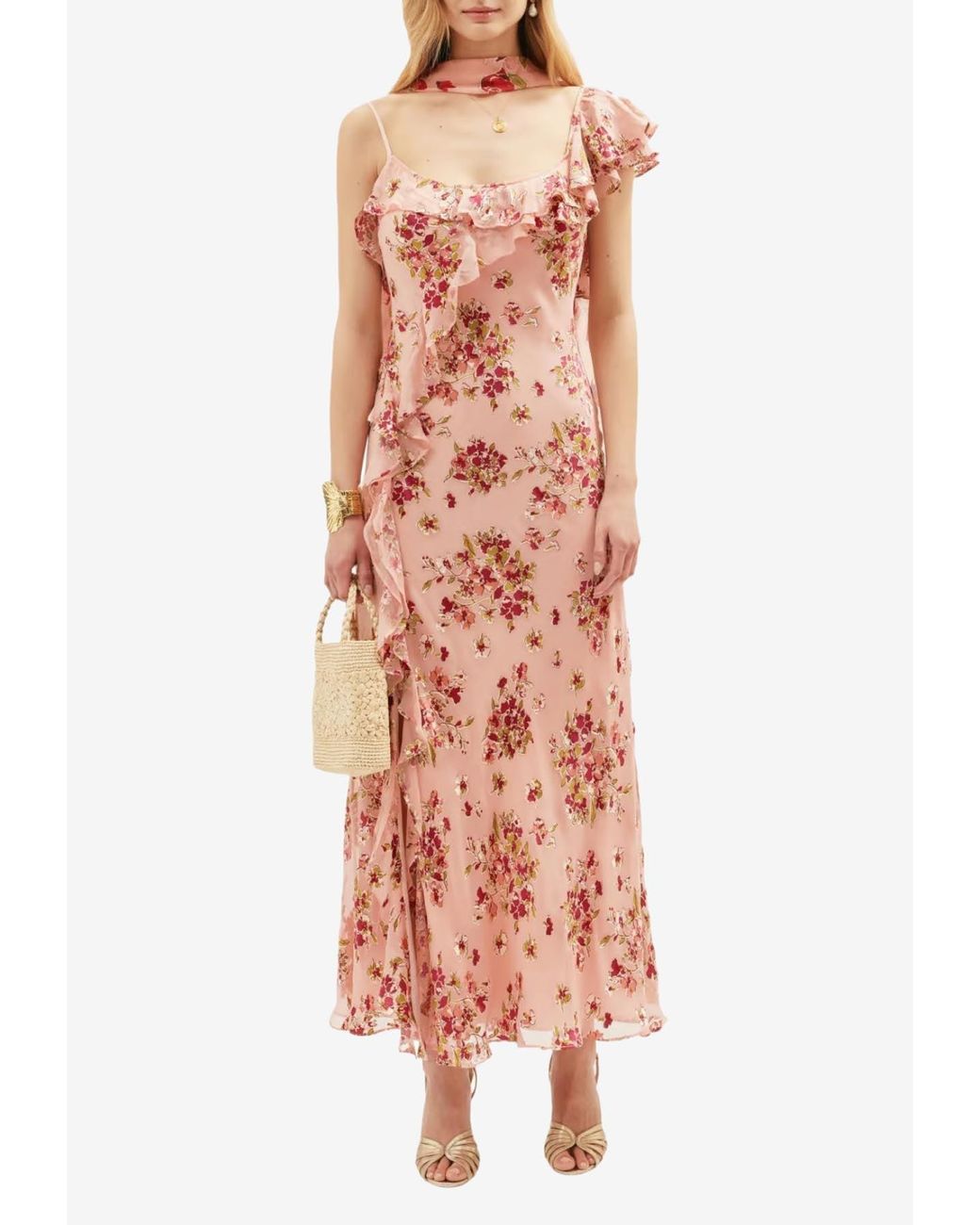 Ricky Ruffle RIXO London Ester Ruffled Floral Print Midi Dress in Pink | Lyst Canada