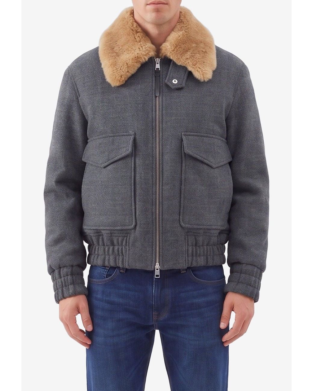 AMI Gray Shearling Collar Virgin Wool Bomber Jacket for men