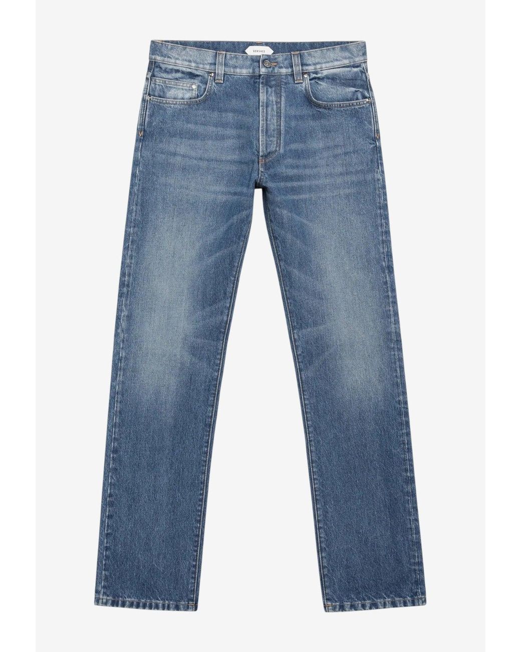 Versace Blue Logo Patch Straight-Leg Washed Denim Pants for men