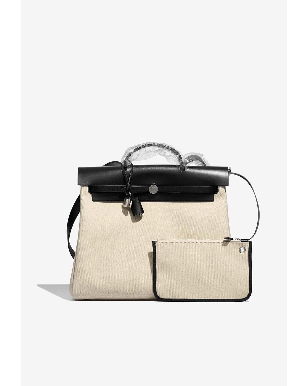Hermes Herbag 39 In Beton Toile And Black Vache Hunter With Palladium Hardware Lyst