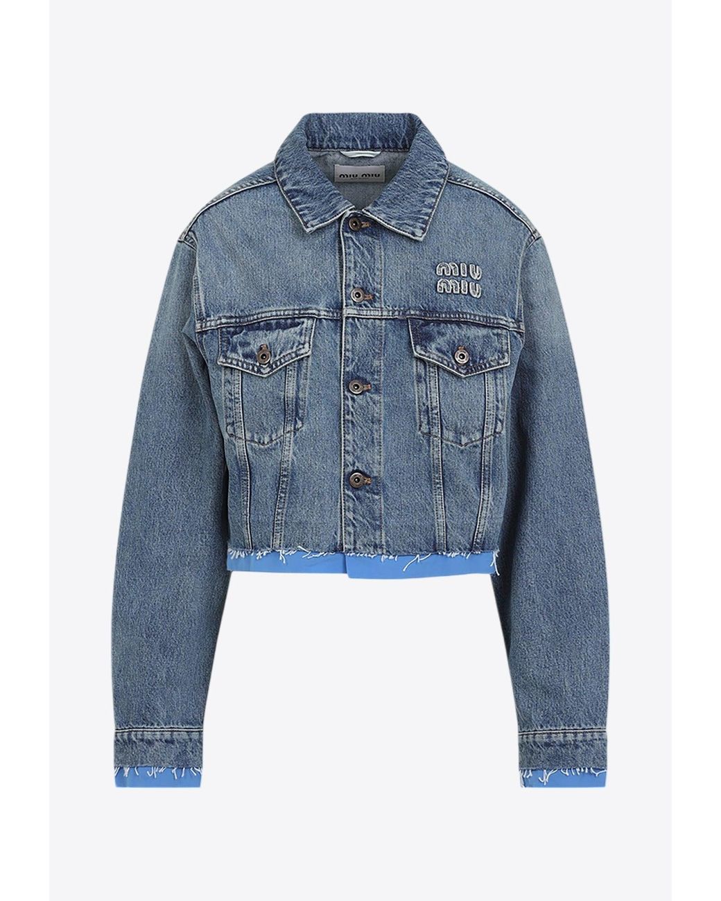 Miu Miu Logo Patch Cropped Denim Jacket in Blue | Lyst