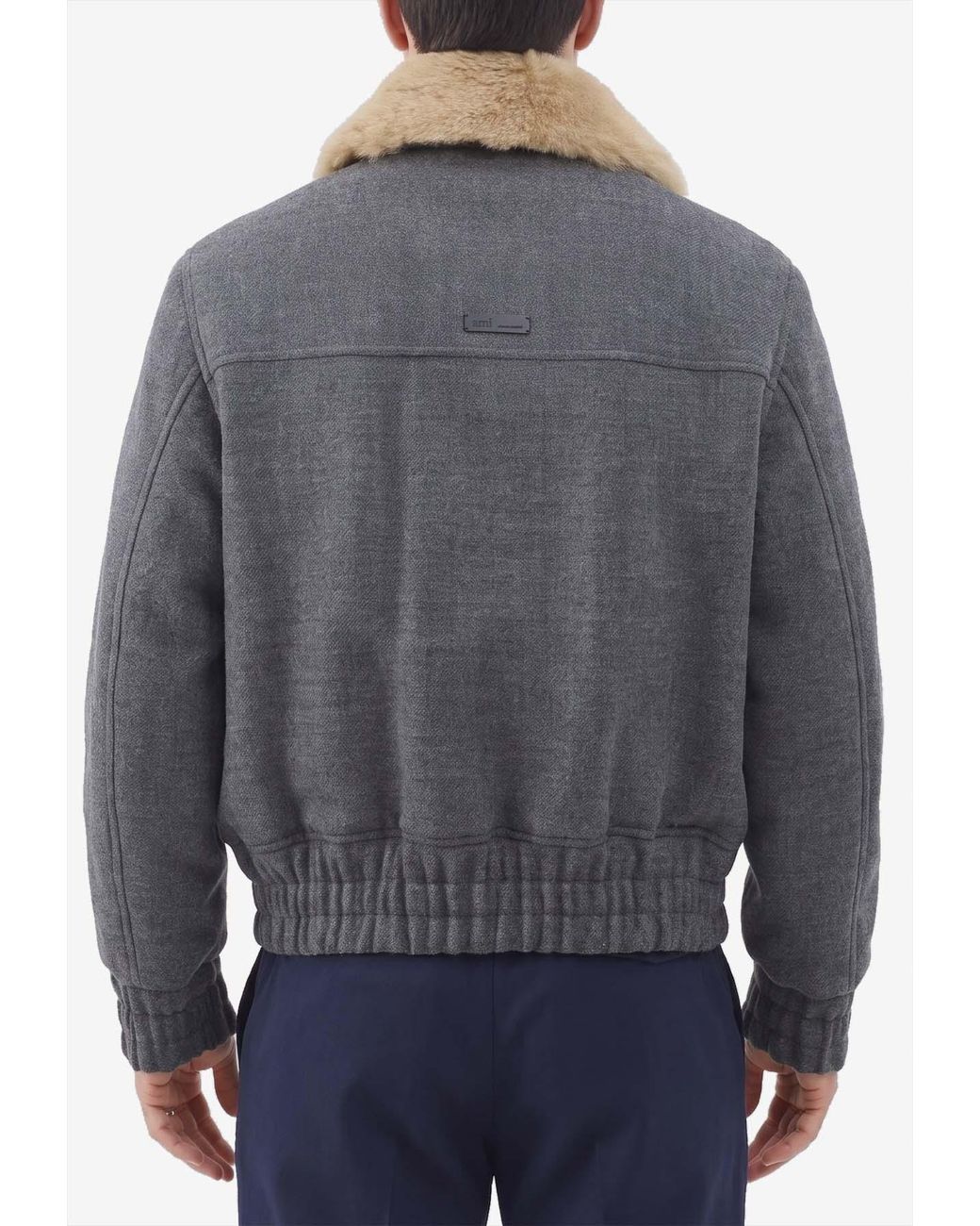 AMI Gray Shearling Collar Virgin Wool Bomber Jacket for men