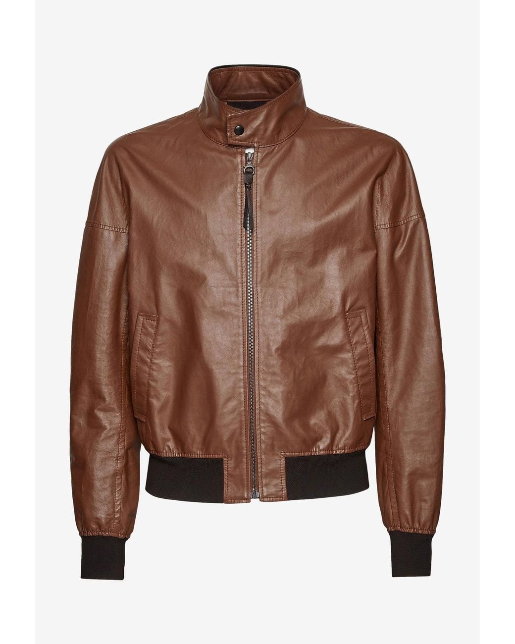 Ferragamo Brown Zip-Up Leather Bomber Jacket for men