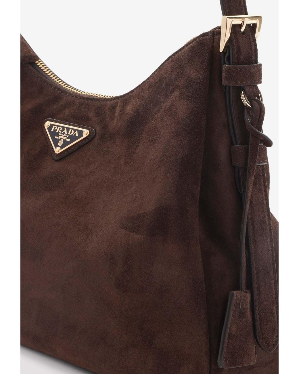 Prada Brown Triangle Logo Suede Shoulder Bag