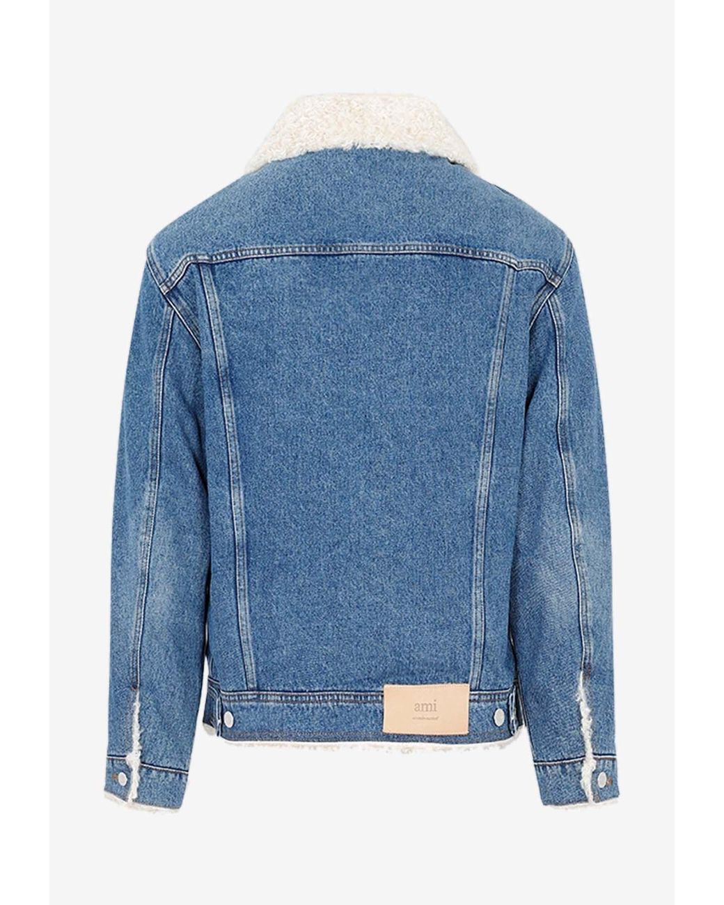 Faux Shearling Trimmed Denim Jacket in Blue - Ami Paris