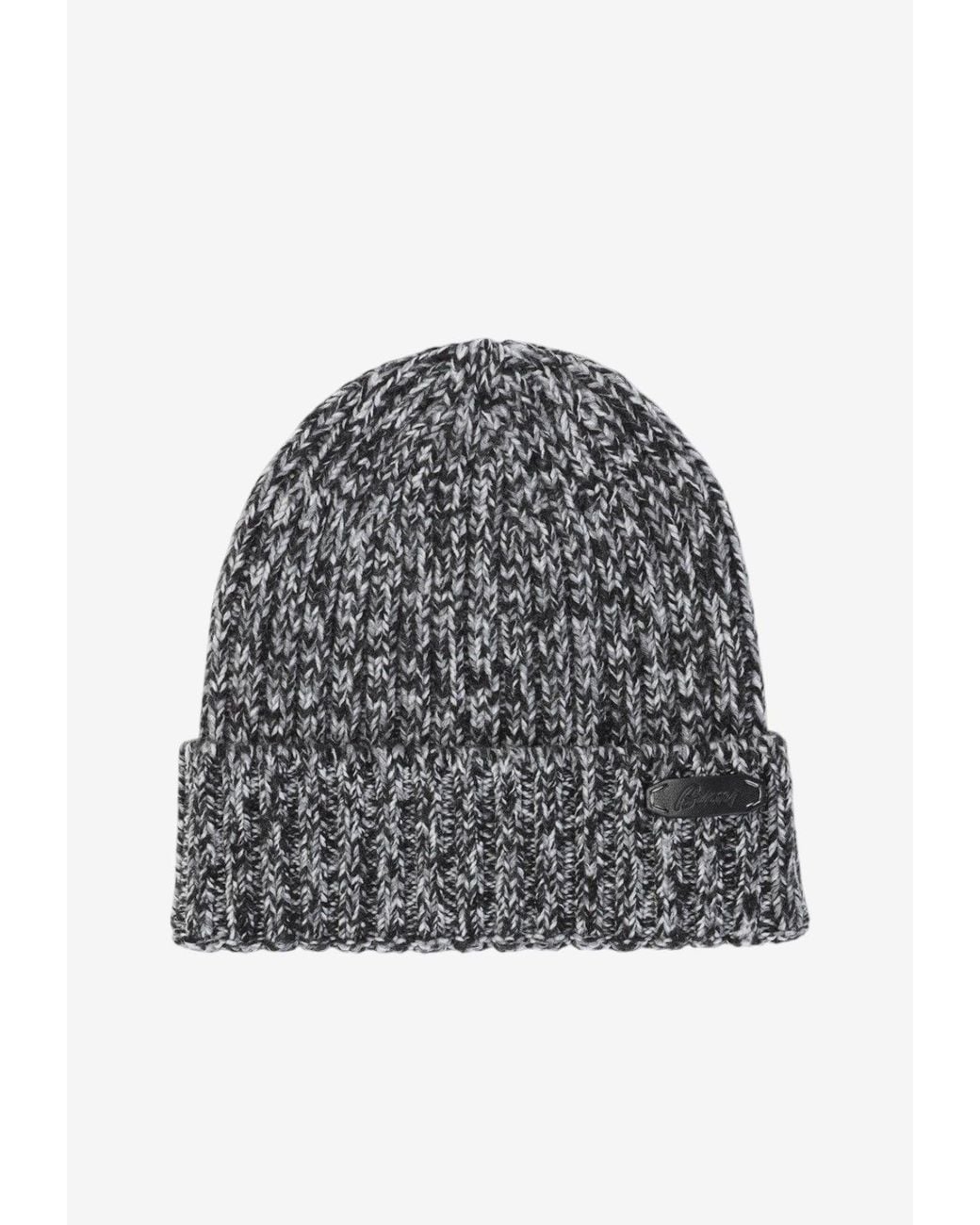 Brioni Gray Logo Patch Wool Knit Beanie for men