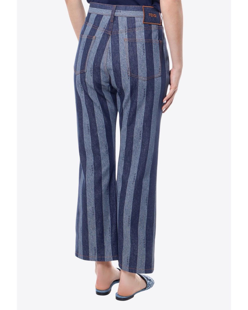 Fendi Blue Logo Patch Striped Flared Jeans