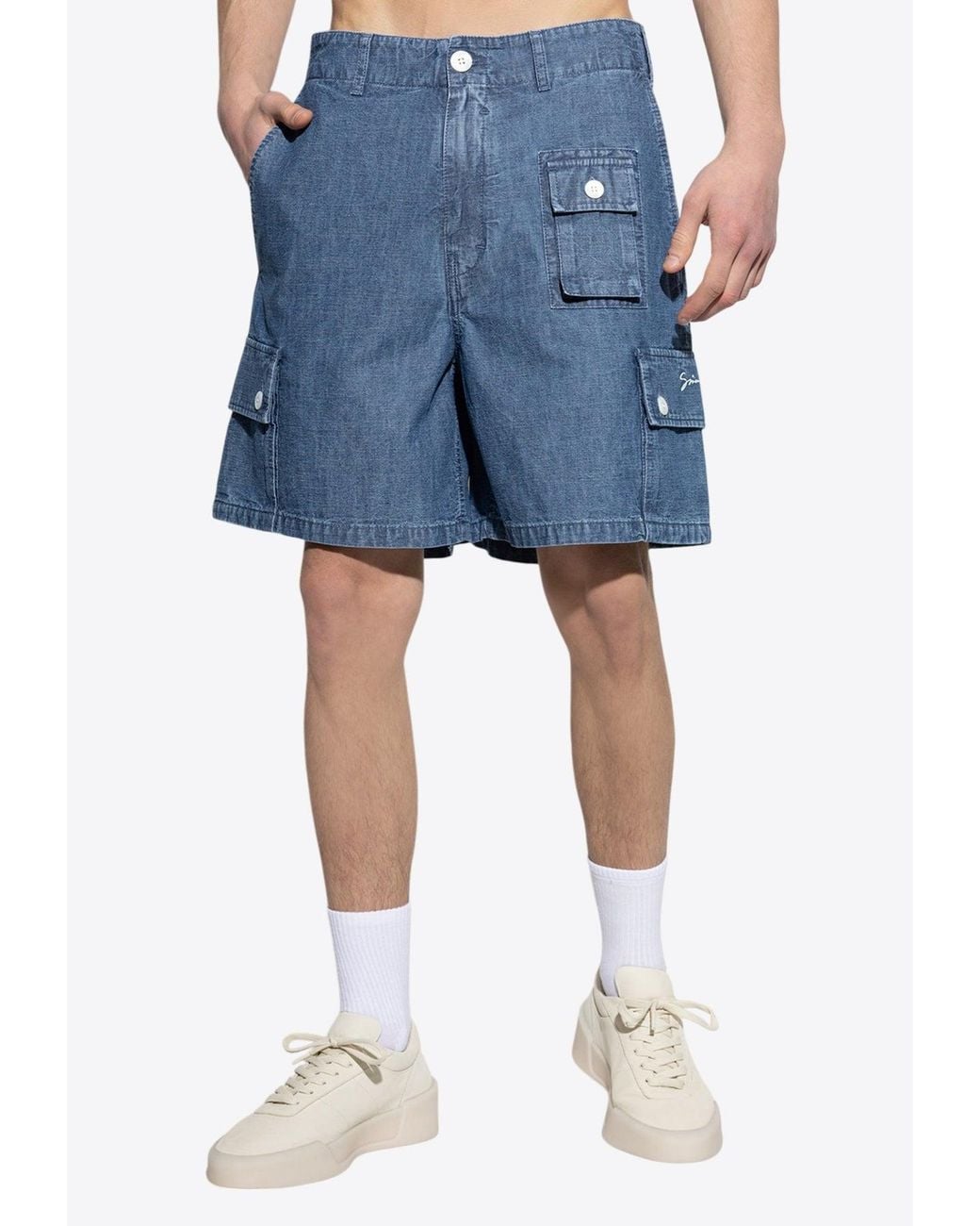 Givenchy Blue Signature Logo Denim Cargo Shorts for men